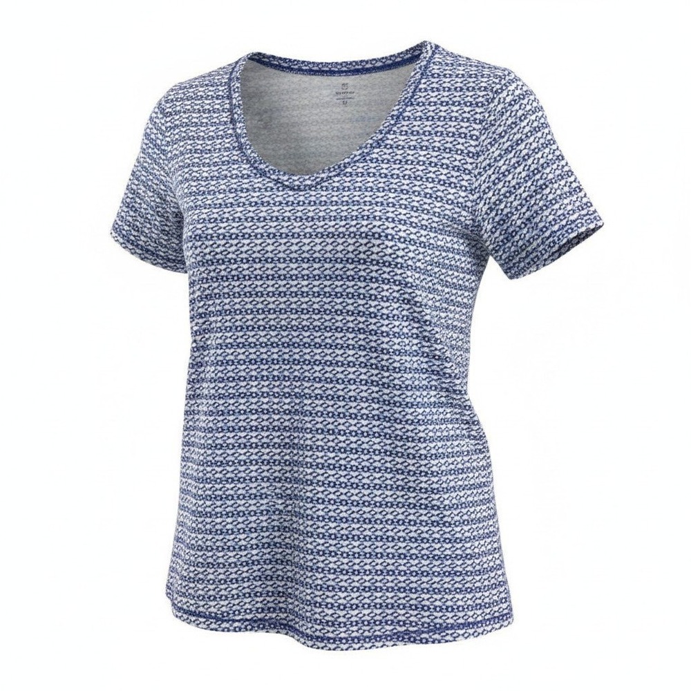 Talbots Blue White Geometric Link Scoop Neck‎ Top 1X Twisted Sleeve Coastal Mom